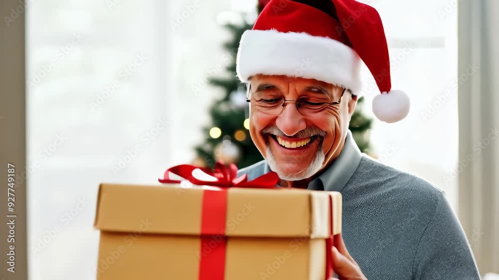 Elderly Man with a Gift Box Smiling While Wearing a Santa Hat with a Decorated Christmas Tree in the Background. Concept of Festive Holiday Spirit, Joy, Christmas, and Celebration. Elderly Man with a Gift Box Smiling While Wearing a Santa Hat with a Decorated Christmas Tree in the Background. Concept of Festive Holiday Spirit, Joy, Christmas, and Celebration.