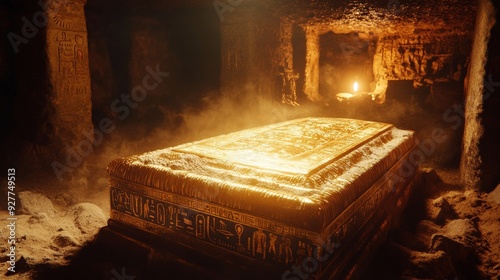 A golden sarcophagus lies in an ancient Egyptian tomb, softly illuminated by candlelight, surrounded by stone walls adorned with hieroglyphs