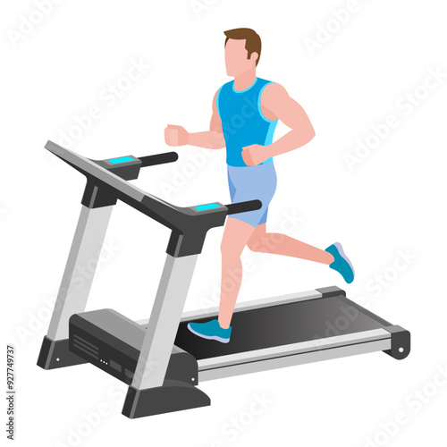 Treadmill Running Workout, Man Cardio Fitness Exercise, Cartoon Vector Art Illustration