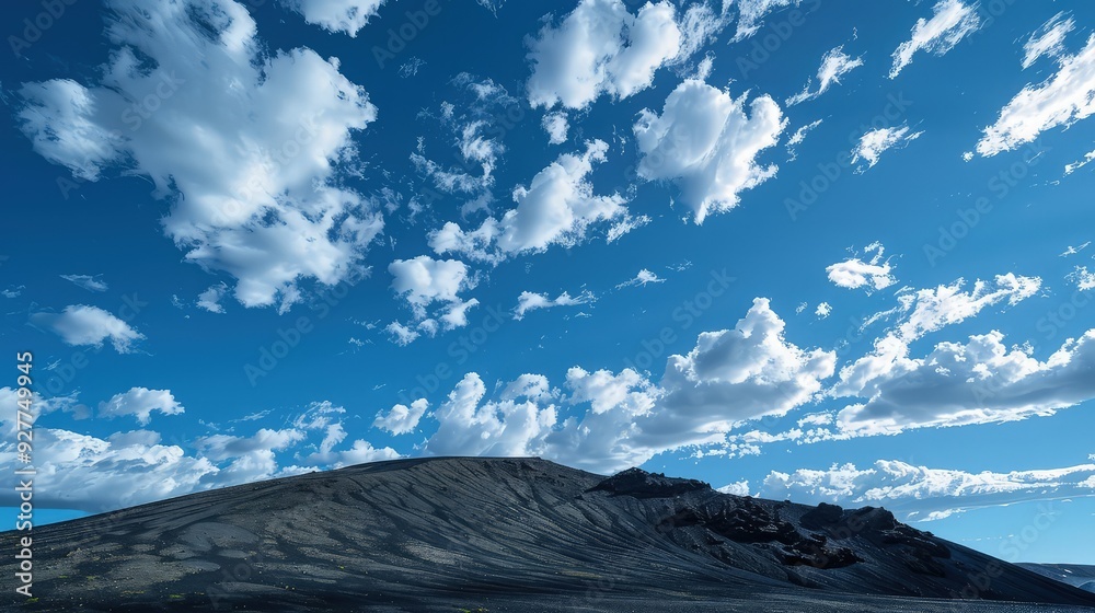 Fototapeta premium A crisp, clear day with fluffy, cumulus clouds casting moving shadows over the slopes of a black mountain, enhancing its rugged texture.