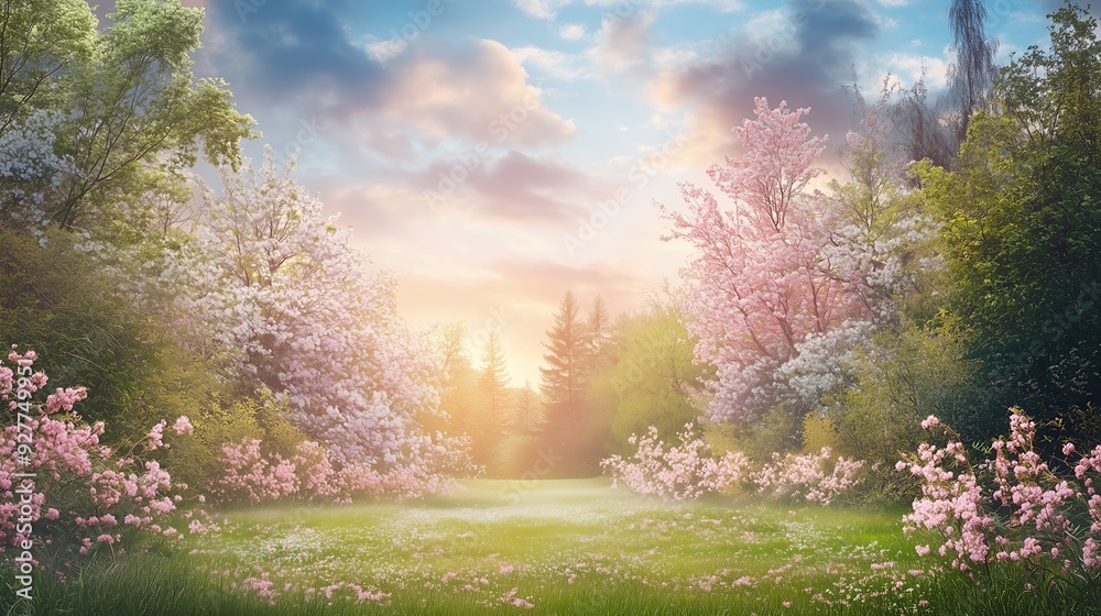 A magical spring meadow with blooming trees, green grass, and a soft golden light shining through the trees. A magical spring meadow with blooming trees, green grass, and a soft golden light shining through the trees.