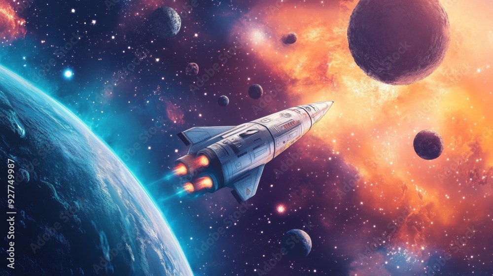 Obraz premium Planets and an interstellar ship flying through them.