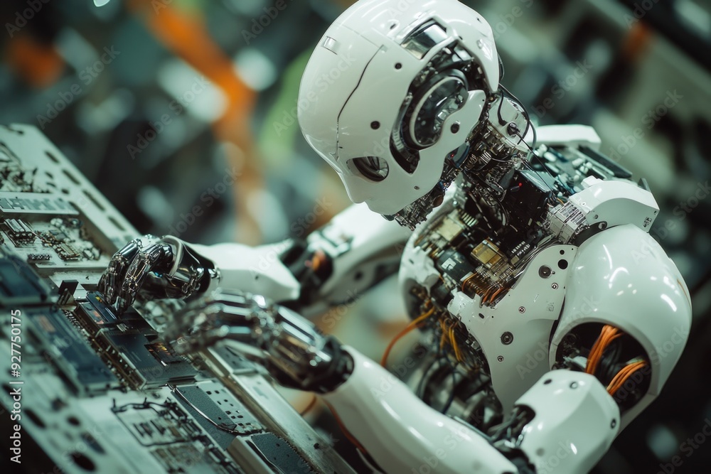 Fototapeta premium Robot working at computer