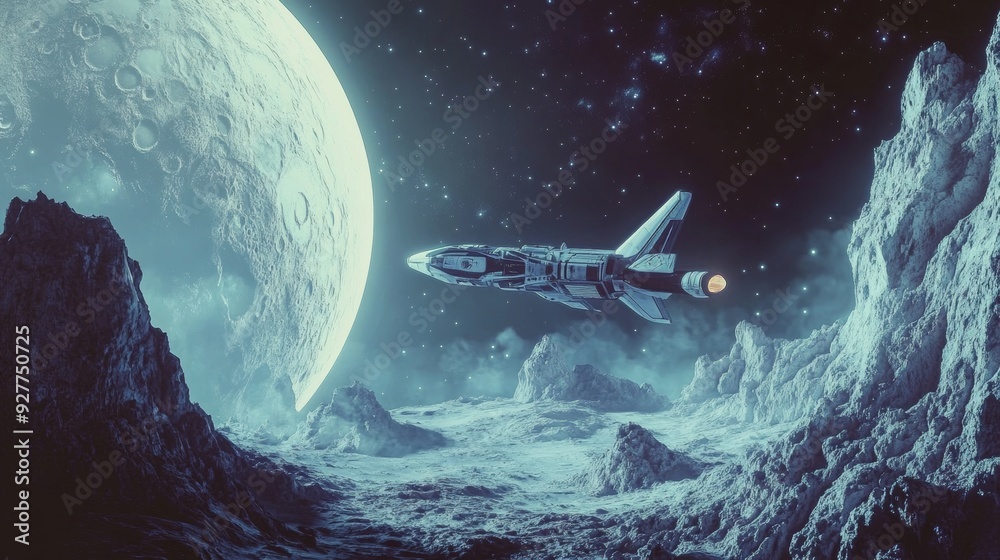 Fototapeta premium A spaceship flies among planets against the background of space.