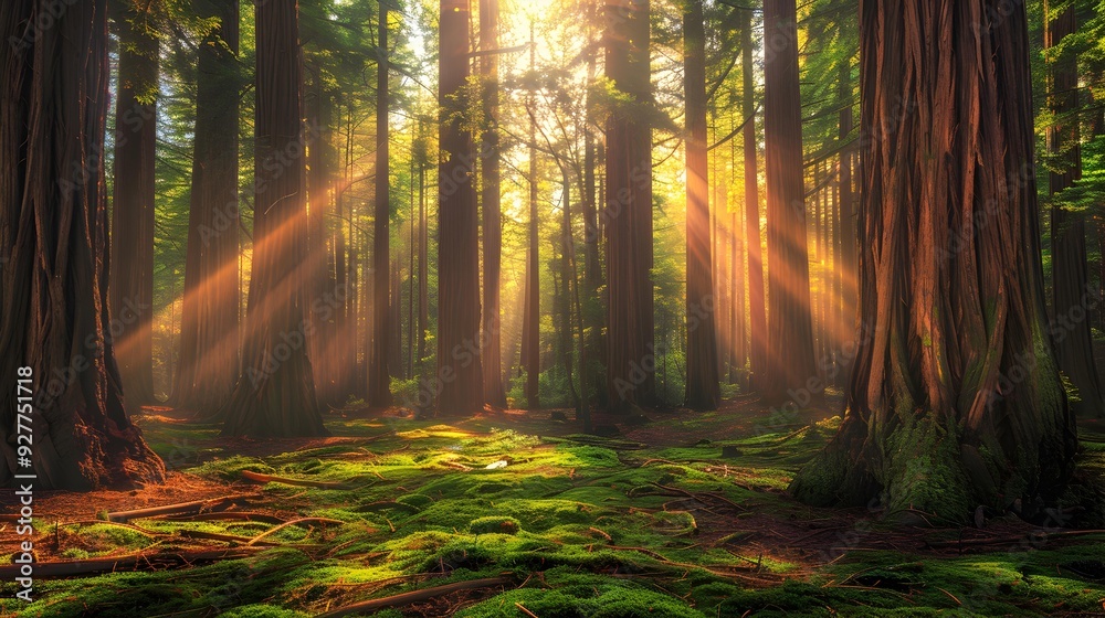 Fototapeta premium Landscape among redwoods where tall trees create shade