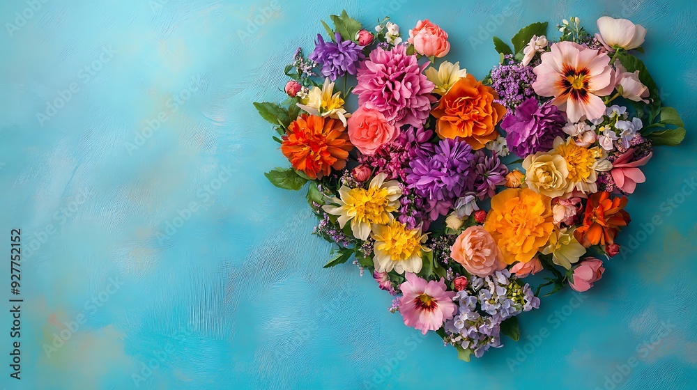 Fototapeta premium Colorful Flower Arrangement in a Heart Shape on Blue Background