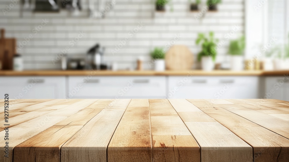 Wood table top on blurred kitchen background. can be used mock up for montage products display or design layout -
