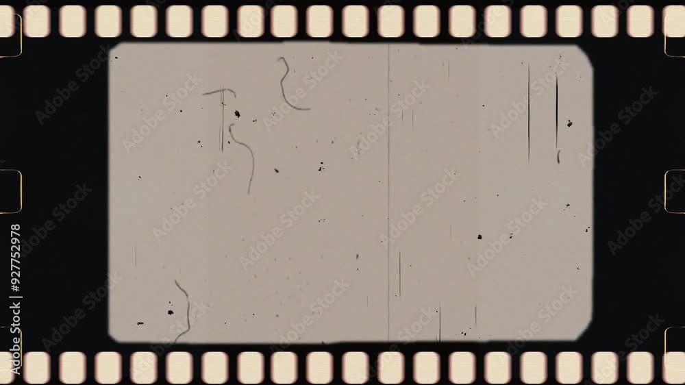 Super 8 film frame dynamic texture. Black vignette with sprocket hole or perf on side. Dust, scratchers, hair, noise and grain effect. Realistic film burn background. Retro, vintage style 4K animation