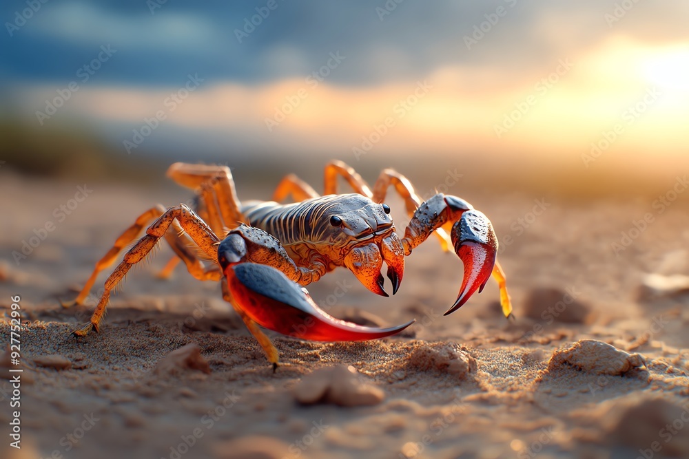 A scorpion with a menacing look walks on the desert sand with a sunset in the background. A scorpion with a menacing look walks on the desert sand with a sunset in the background.