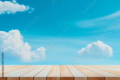 Wooden floor with a blue sky and white clouds in the background. Panoramic view. photo