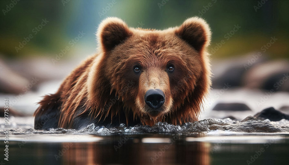 Majestic Brown Bear Emerging From the Water. Generative AI. Majestic Brown Bear Emerging From the Water. Generative AI.