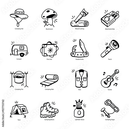 Latest Pack of 16 Camping Doodle Icons 


