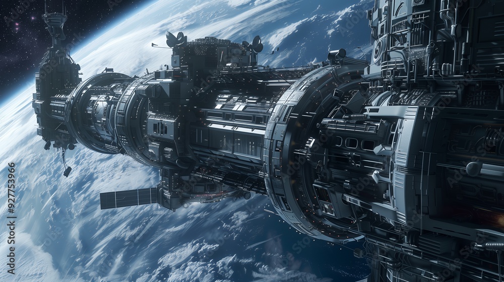 A futuristic spaceship orbits a blue planet with white clouds.