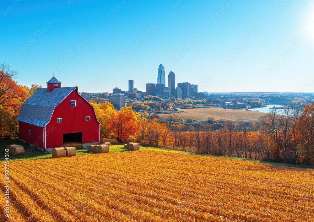 Scenic View of Red Barn Farm with Rolling Fields and City Skyline in ...