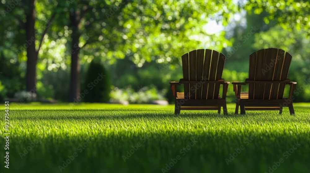 Two chairs on the green lawn of a cozy courtyard of a country house, embodying elegance and harmony. Two chairs on the green lawn of a cozy courtyard of a country house, embodying elegance and harmony.