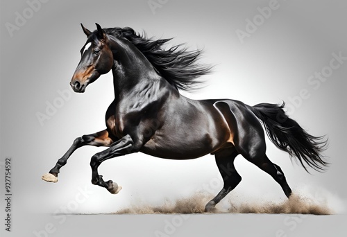 Majestic black horse rearing up on its powerful hind legs, isolated on a pristine white background, embodies strength and elegance