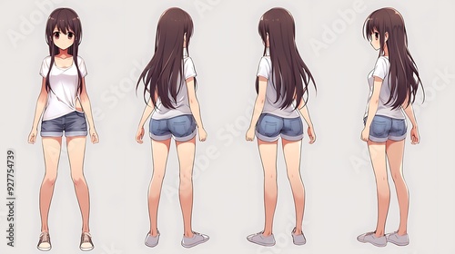 anime - style girl in short shorts and a white shirt photo