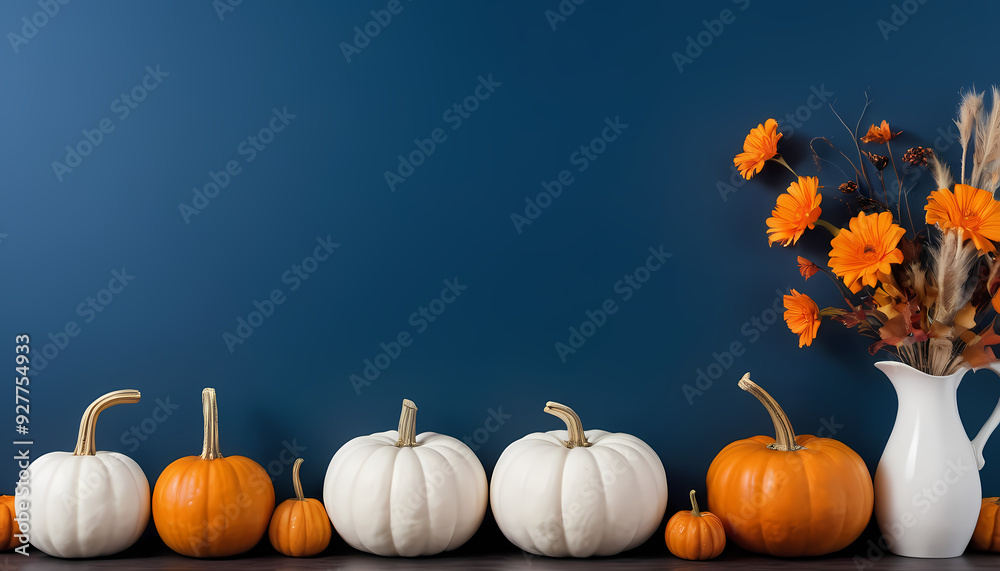 Pumpkins and flowers arranged in a vase on a table. Pumpkins and flowers arranged in a vase on a table.