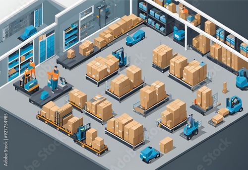 Isometric illustration of a smart warehouse management system, highlighting inventory control and IoT devices, enhances efficiency and modern logistics.
