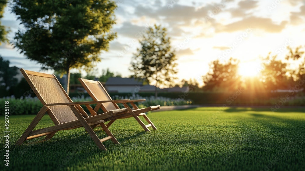 The cozy backyard of a country house, decorated with two summer chairs on the green grass, exudes elegance. The cozy backyard of a country house, decorated with two summer chairs on the green grass, exudes elegance.
