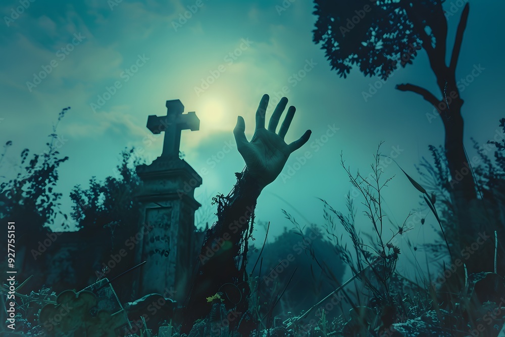 Zombie hand rising out from graveyard in Halloween night. Zombie hand rising out from graveyard in Halloween night.