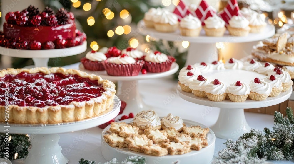 A beautiful display of festive desserts, featuring pies, cakes, and pastries perfect for holiday celebrations. A beautiful display of festive desserts, featuring pies, cakes, and pastries perfect for holiday celebrations.
