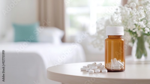 Prescription bottles for specialty drugs on a bedside table in a nursing home, gentle lighting, and a compassionate atmosphere with room for text.
