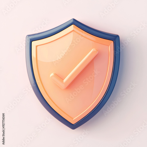 3d render Illustration of check right on yellow orange shield isolated on white and copy space for Security and business concept. photo