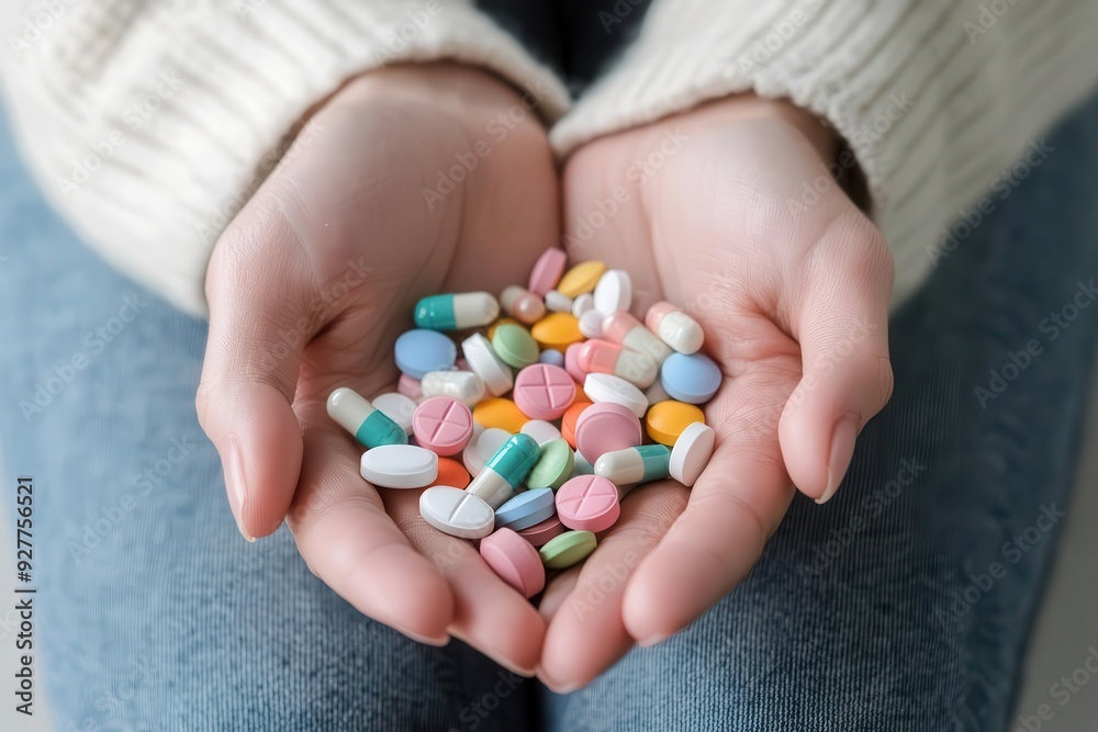 A person holding prescribed drugs with a serene expression, mental health symbols in the background, recovery path imagery, with copy space. A person holding prescribed drugs with a serene expression, mental health symbols in the background, recovery path imagery, with copy space.