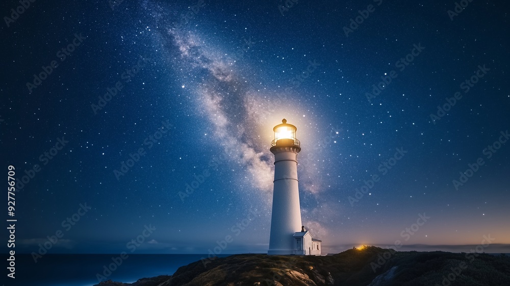 A lighthouse stands tall against the backdrop of a starry night sky, with the Milky Way galaxy stretching across the heavens. A lighthouse stands tall against the backdrop of a starry night sky, with the Milky Way galaxy stretching across the heavens.