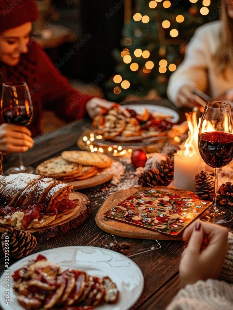 Cozy holiday gathering with festive dishes, warm drinks, and twinkling lights, creating a joyful and inviting atmosphere. Cozy holiday gathering with festive dishes, warm drinks, and twinkling lights, creating a joyful and inviting atmosphere.