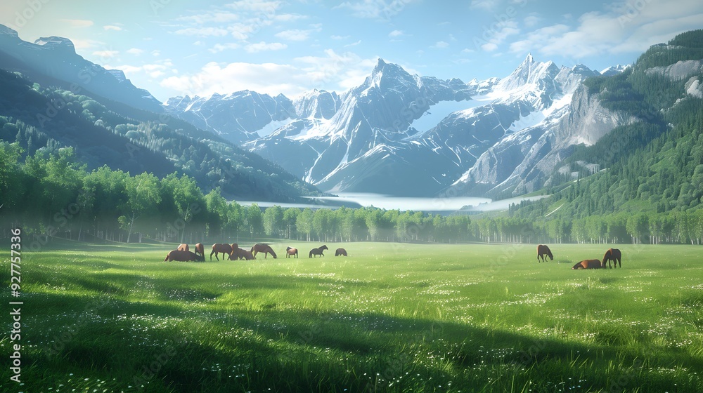 The green field is surrounded by mountains The green field is surrounded by mountains