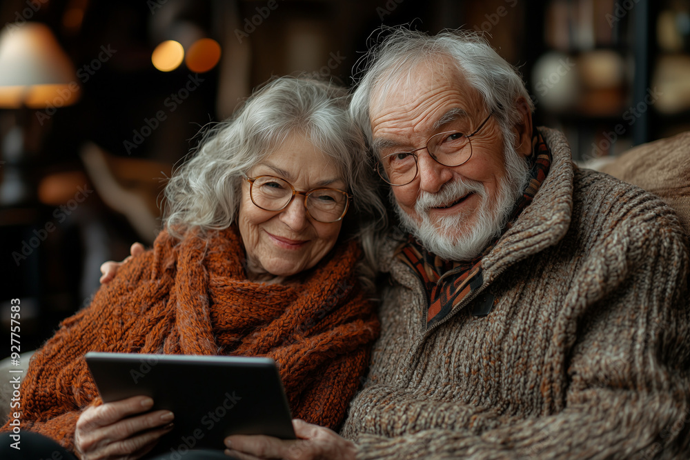 An elderly couple sitting together on a sofa, enjoying the use of a tablet, smiling and sharing joyful moments in a cozy living room. An elderly couple sitting together on a sofa, enjoying the use of a tablet, smiling and sharing joyful moments in a cozy living room.