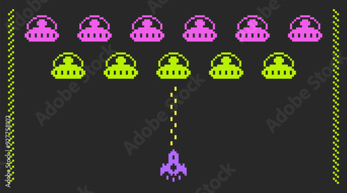 Spaceship shooting to cosmic invaders. Space invaders in pixel art style.