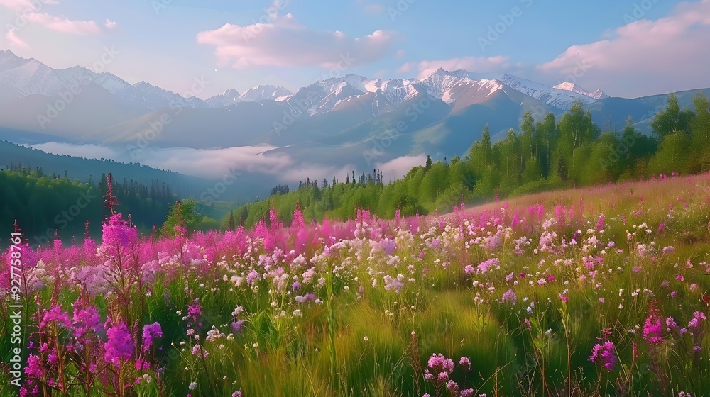 Fototapeta premium Meadow is surrounded by high mountains