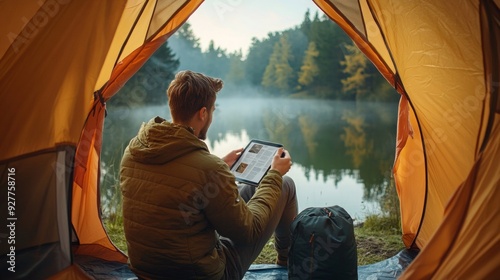 A young man in a tent by a lake with hot coffee and a tablet.