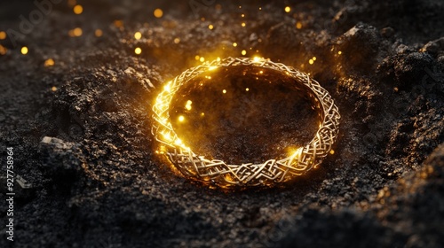 A Celtic torc is discovered, glinting in the dirt as archaeologists carefully excavate the area, revealing its intricate design and historical significance photo