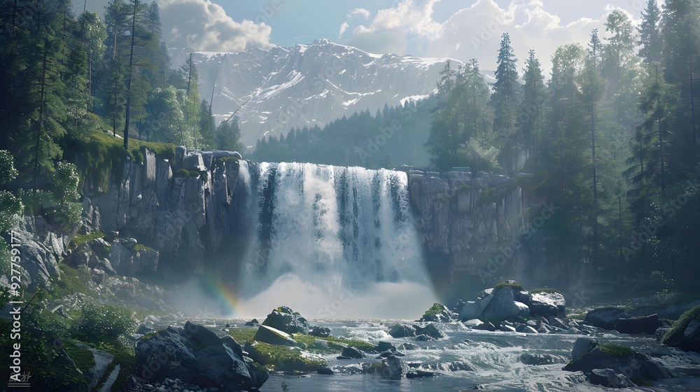 Fototapeta premium The waterfall stream descends from the heights