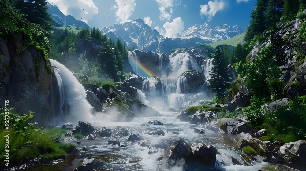 Fototapeta premium The waterfall stream descends from the heights