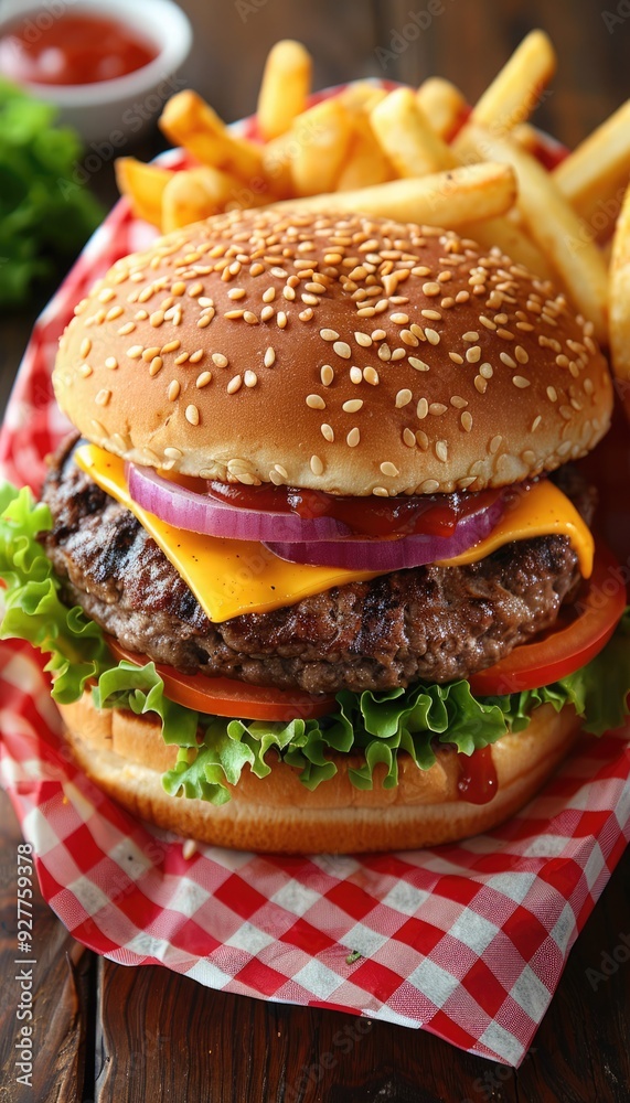 Mouthwatering cheeseburger with fresh toppings and crispy fries on a wooden table Mouthwatering cheeseburger with fresh toppings and crispy fries on a wooden table