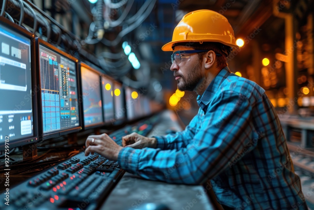 A worker in a control room monitors systems on multiple computer screens A worker in a control room monitors systems on multiple computer screens