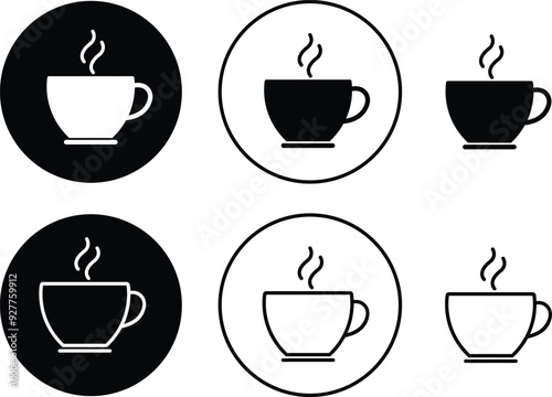 Coffee cup icon set. Tea cup vector black flat and line sign collection isolated on transparent background. Mocha symbol or logo Takeaway concept. Hot drink coffee symbol. Editable stroke for web app