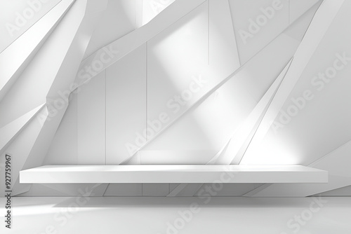 design with windows, Soft light white abstract stage in elegant futuristic geometric style with simple lines and corners, polygons as background with white wood shelf for advertisement.