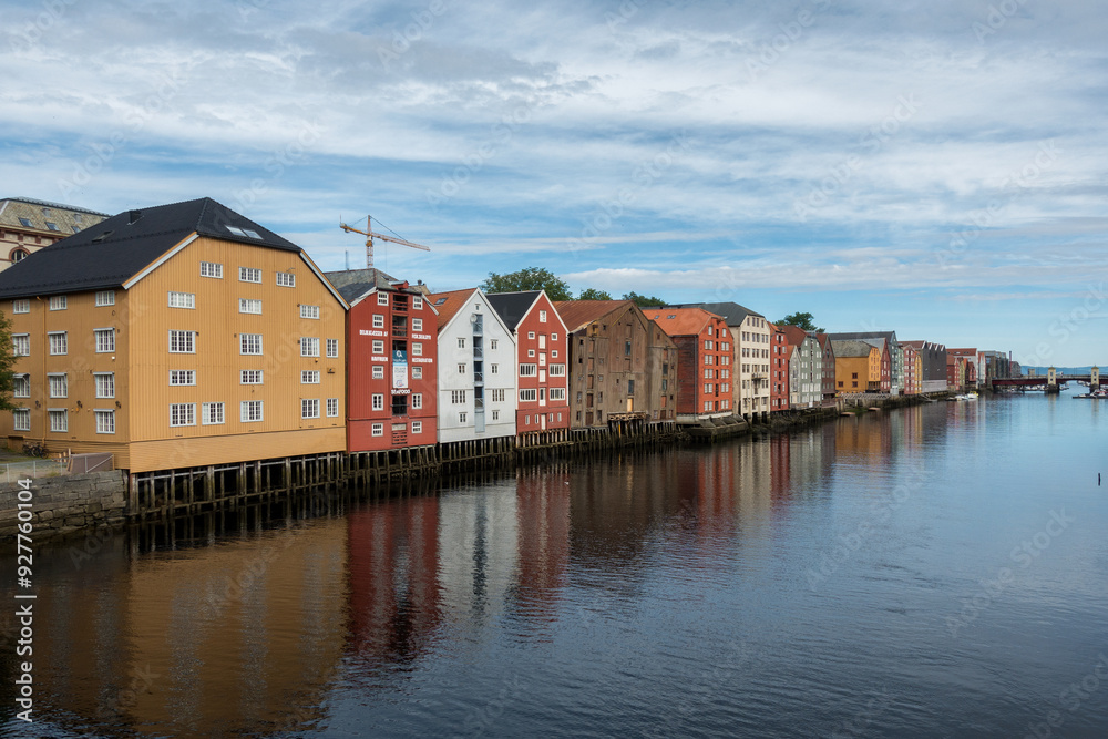 View of warehouses at the Nidelva river in Trondheim, Norway.