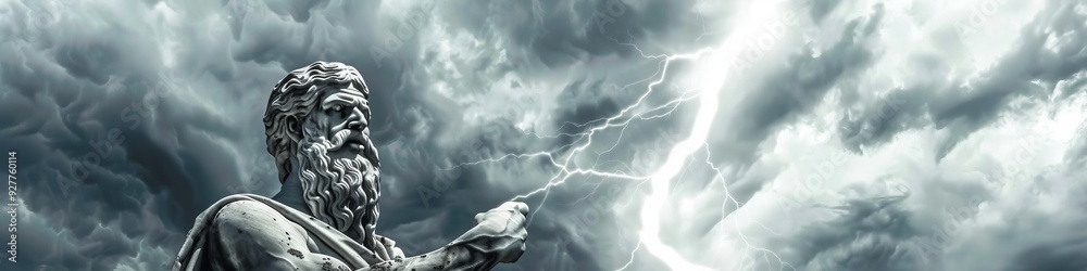 Striking Statue of Zeus with Lightning Bolt Overlooking Ruins. Striking Statue of Zeus with Lightning Bolt Overlooking Ruins.