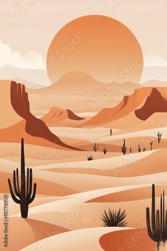 Modern boho art featuring abstract desert landscapes with minimalist shapes and warm, sun-kissed colors, evoking a serene vibe. Generative AI