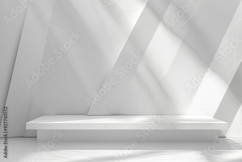 white interior with wall, Soft light white abstract stage in elegant futuristic geometric style with simple lines and corners, polygons as background with white wood shelf for advertisement, presented