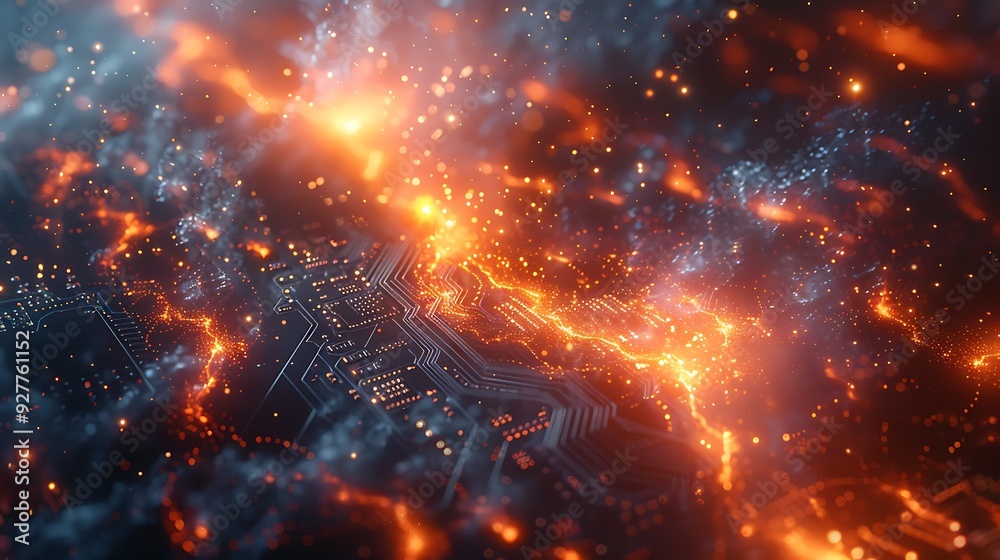 Abstract CPU floating in space with swirling star particles and cosmic dust, double exposure, white background, ethereal energy streams connecting to the universe, detailed celestial elements,