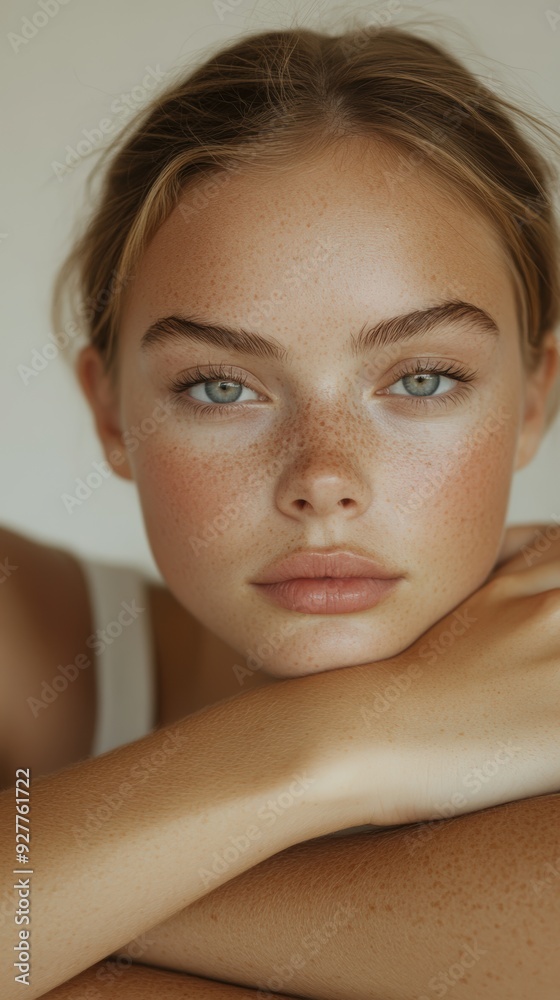 Young woman with freckled skin poses gracefully with her chin on folded arms indoors Young woman with freckled skin poses gracefully with her chin on folded arms indoors