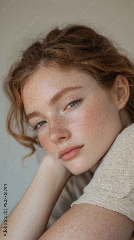Young woman with freckles posing gracefully in soft natural light indoors Young woman with freckles posing gracefully in soft natural light indoors